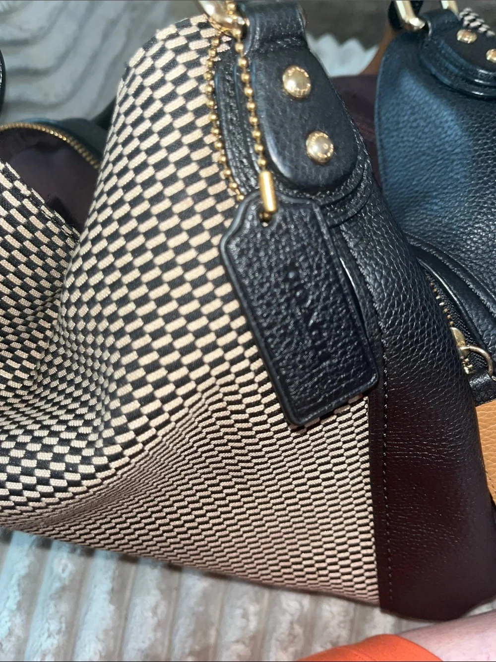 COACH Black & White Patterned Tote Bag with Black Trim